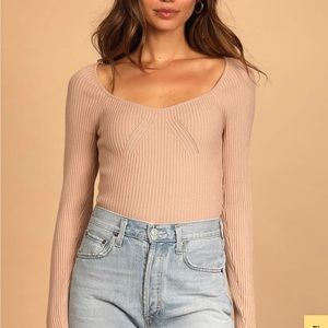 Beige Ribbed Long Sleeve Sweater Top